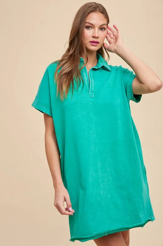 Mineral-Washed-Johnny-Collar-Short-Sleeve-Dress-Turquoise Mineral Washed Johnny Collar Short Sleeve Dress - Turquoise