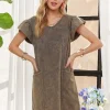 Mineral Washed V-Neck Ruffled Cap Sleeve Dress - Charcoal