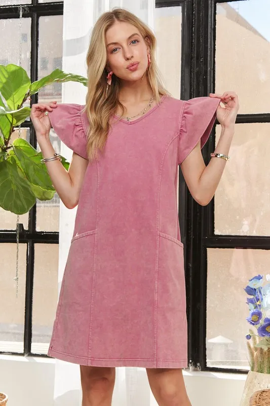 Mineral-Washed-V-Neck-Ruffled-Cap-Sleeve-Dress-Mauve Mineral Washed V-Neck Ruffled Cap Sleeve Dress - Mauve