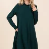 Mock Neck Long Sleeve Dress with Pockets - Hunter Green