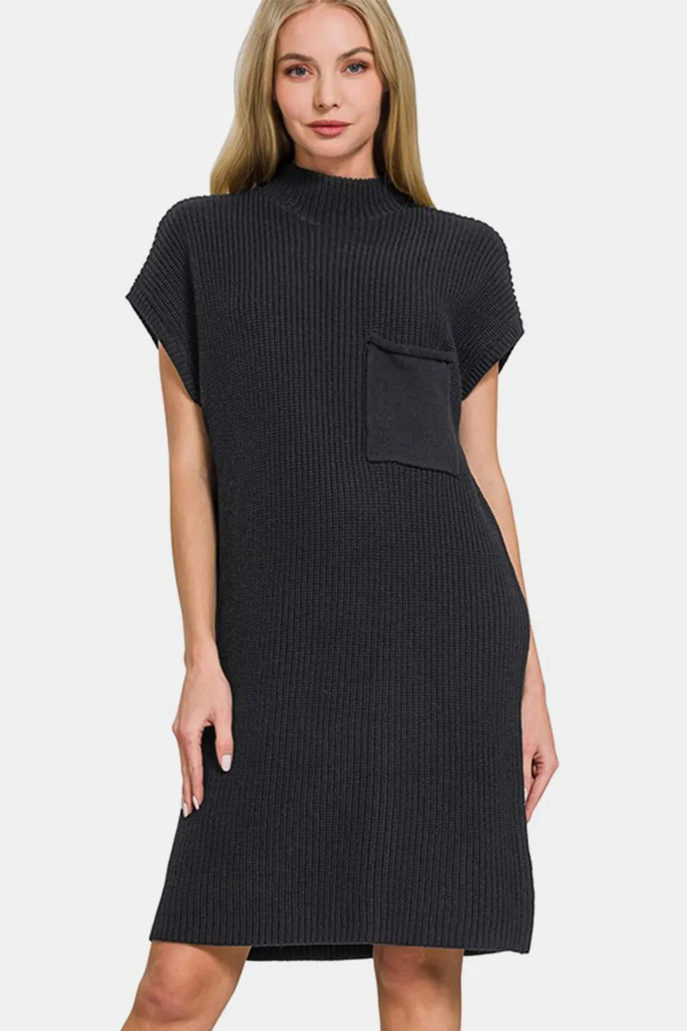 Mock Neck Short Sleeve Sweater Dress - Black