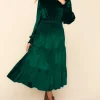 Mock Neck Smocked Waist Velvet Tiered Dress - Hunter Green