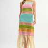 Multi Color Fringed Crochet Knit Dress - Aqua Multi