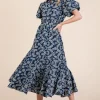 Natural Leaf Pattern Eyelet Lace Puff Sleeve Dress - Navy
