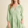 Notched Balloon Sleeve Tiered Mini Dress - Light Green