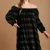 Off-Shoulder Balloon Sleeve Velvet Mini Dress - Black