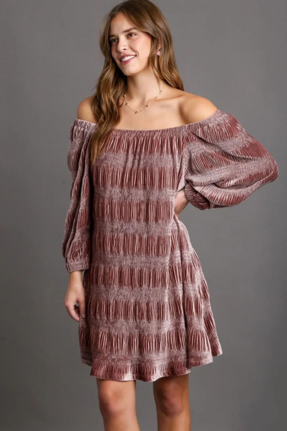 Off-Shoulder-Balloon-Sleeve-Velvet-Mini-Dress-Dusty-Pink Off-Shoulder Balloon Sleeve Velvet Mini Dress - Dusty Pink