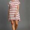 Peace Applique Striped Short Sleeve Mini Dress - Dusty Pink