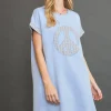 Peace Plaid Applique Short Sleeve Mini Dress - Light Blue