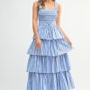 Pin Stripe Smocked Bodice Layered Midi Dress - Blue