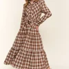 Plaid Tiered Midi Shirt Dress - Brown