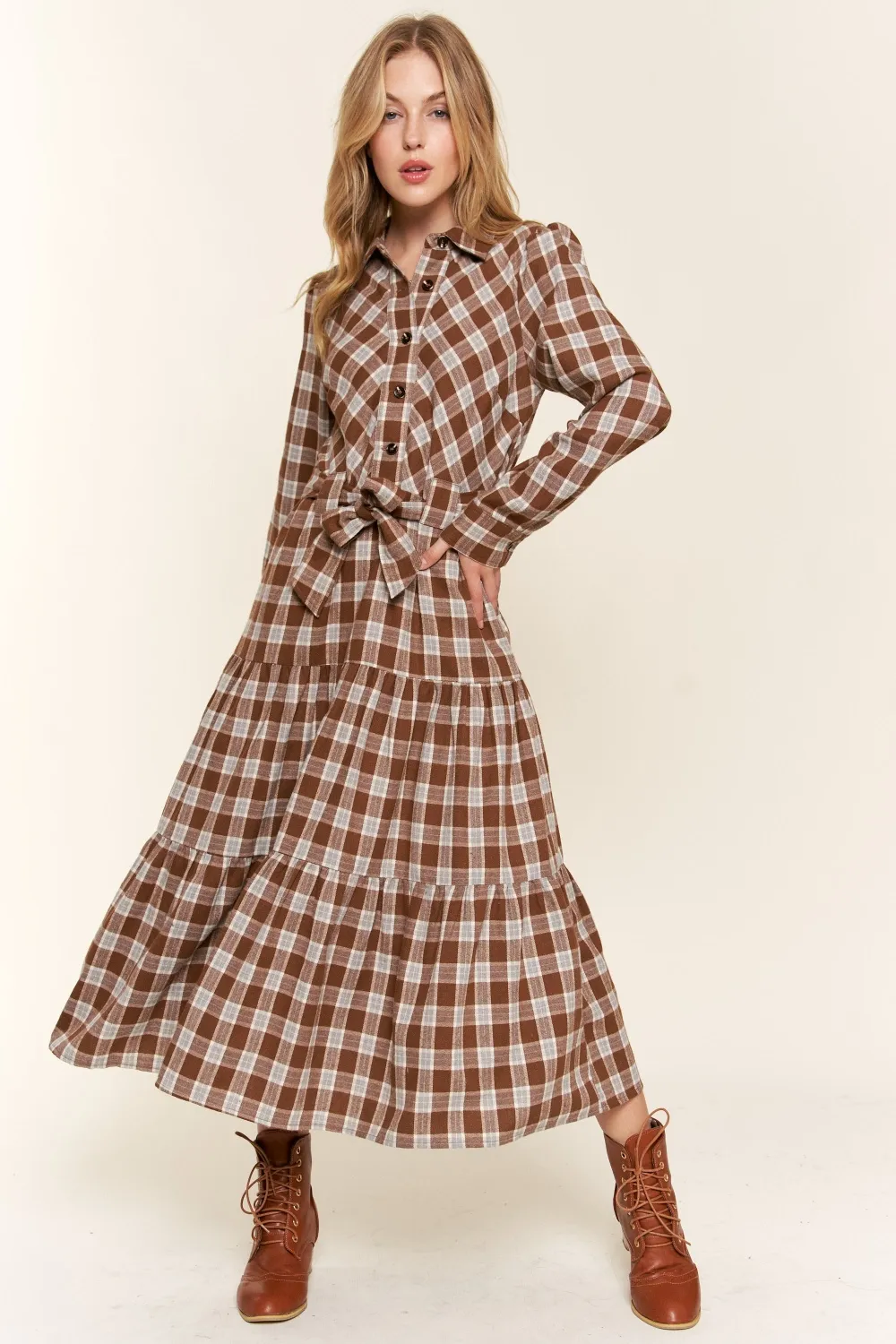 Plaid Tiered Midi Shirt Dress - Brown