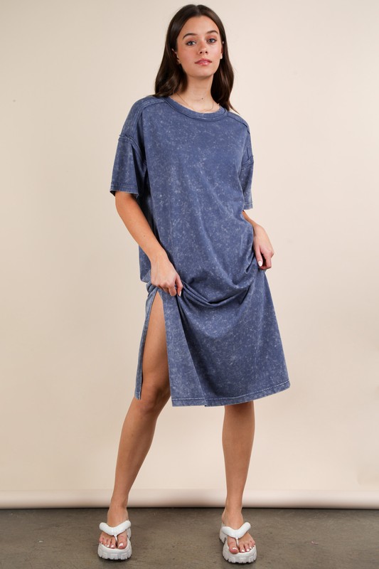 Plus Size Mineral Washed Casual Comfy Midi Dress - Denim