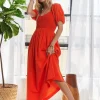 Popcorn Smocked Puff Sleeve Dress - Orange-Red