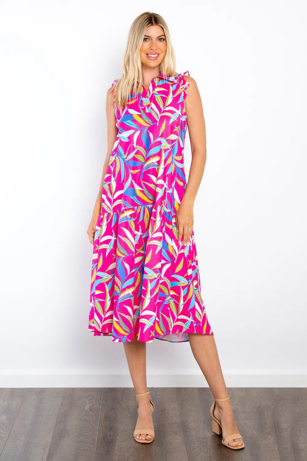 Print Ruffled Midi Dress with Pockets - Fuchsia