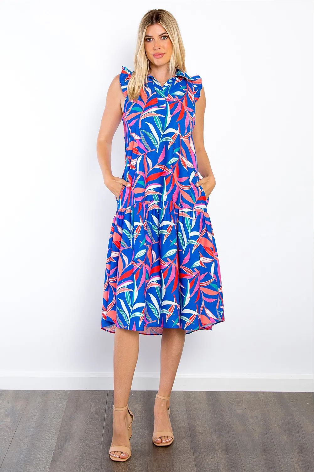 Print-Ruffled-Midi-Dress-with-Pockets-Royal-Blue Print Ruffled Midi Dress with Pockets - Royal Blue