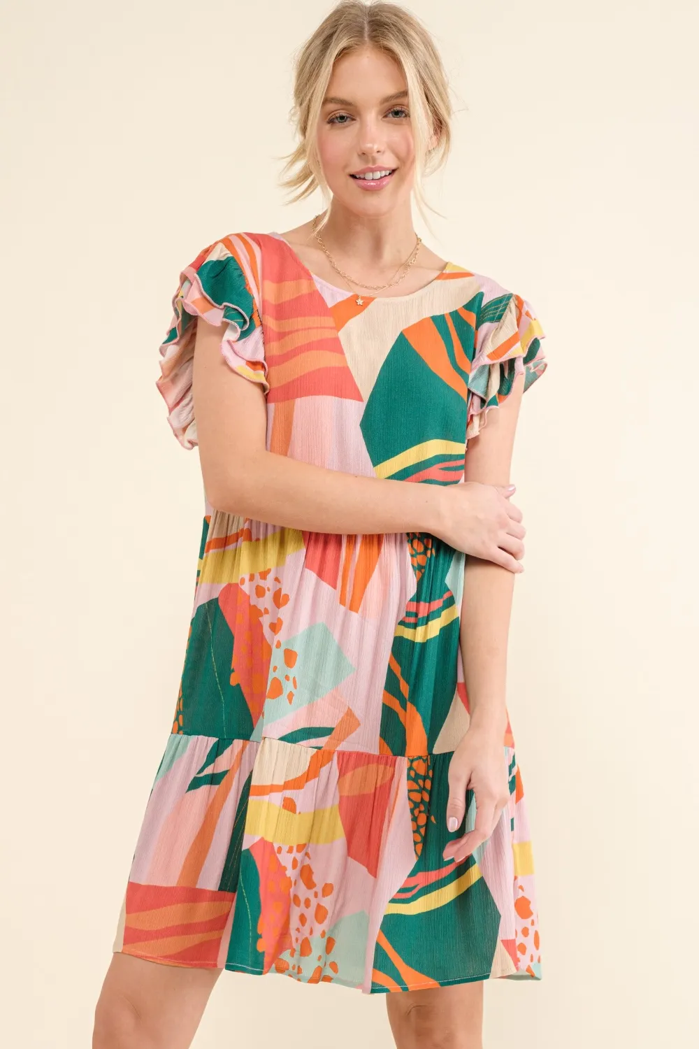 Printed Double Ruffle Sleeve Dress - Greenery