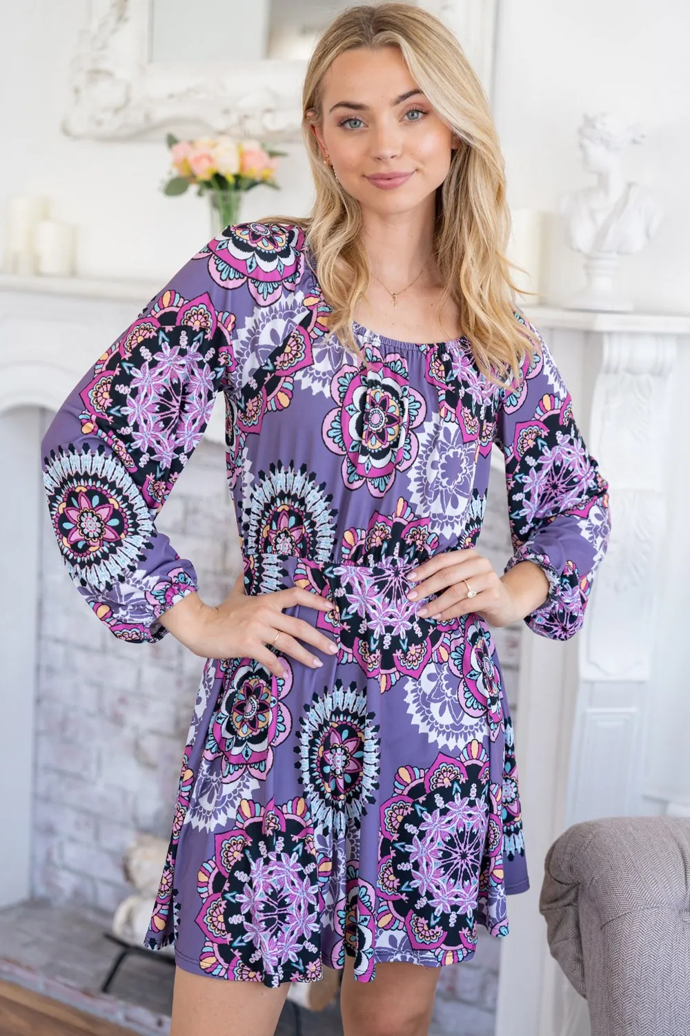 Printed Long Sleeve Mini Dress with Short Liner - Purple