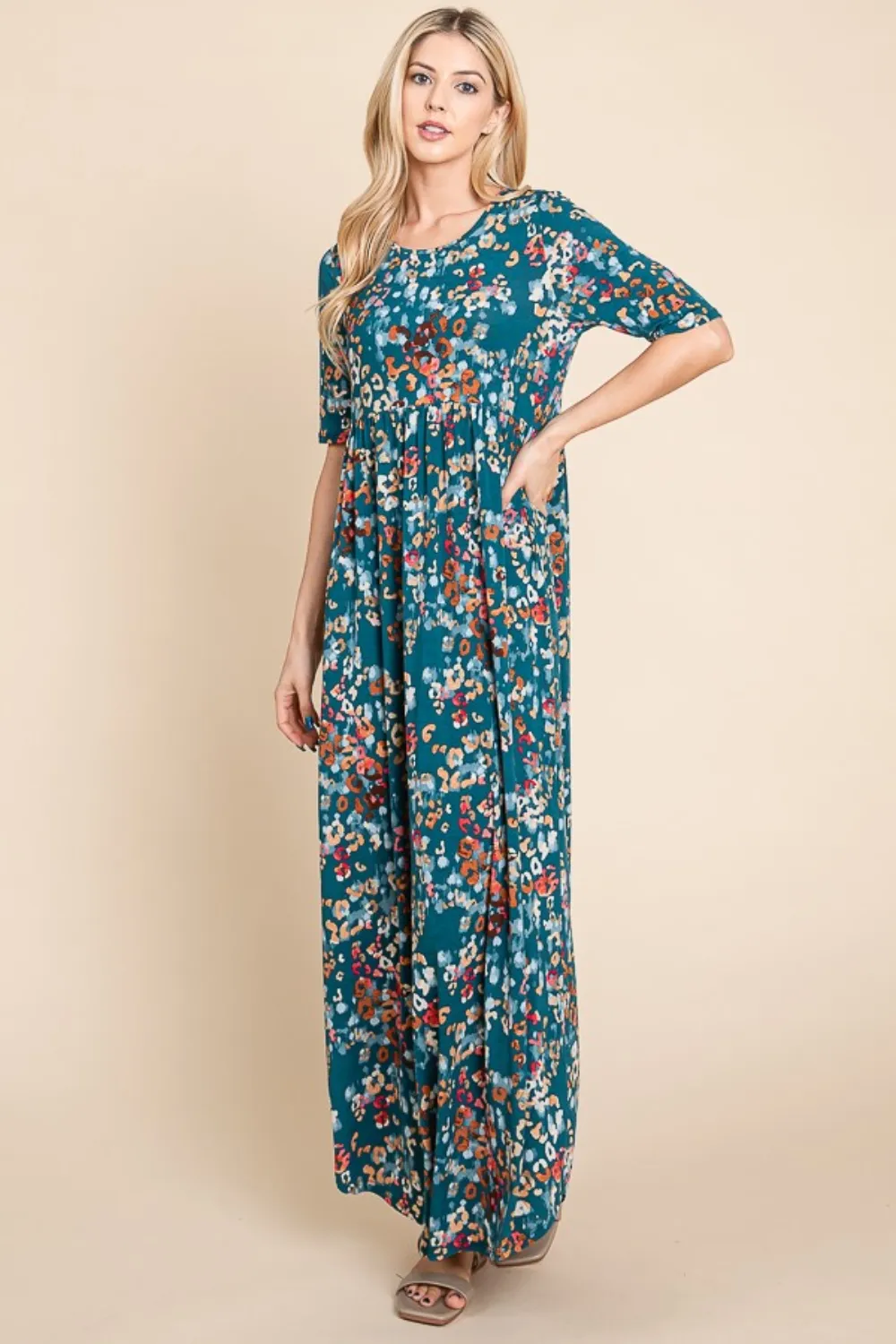 Printed-Shirred-Maxi-Dress-Teal-1