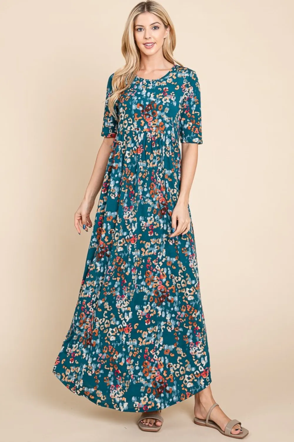 Printed-Shirred-Maxi-Dress-Teal-3