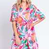 Printed Short Sleeve Ruffle Hem Dress -  Pink/Green