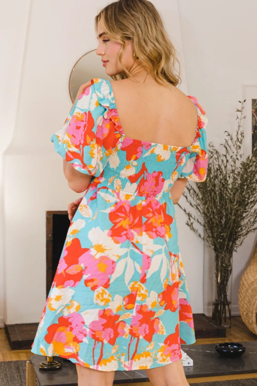 Printed-Smocked-Puff-Sleeve-Mini-Dress-Aqua-Multi-2