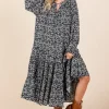 Printed Tie Neck Flounce Sleeve Midi Dress - Dark Navy