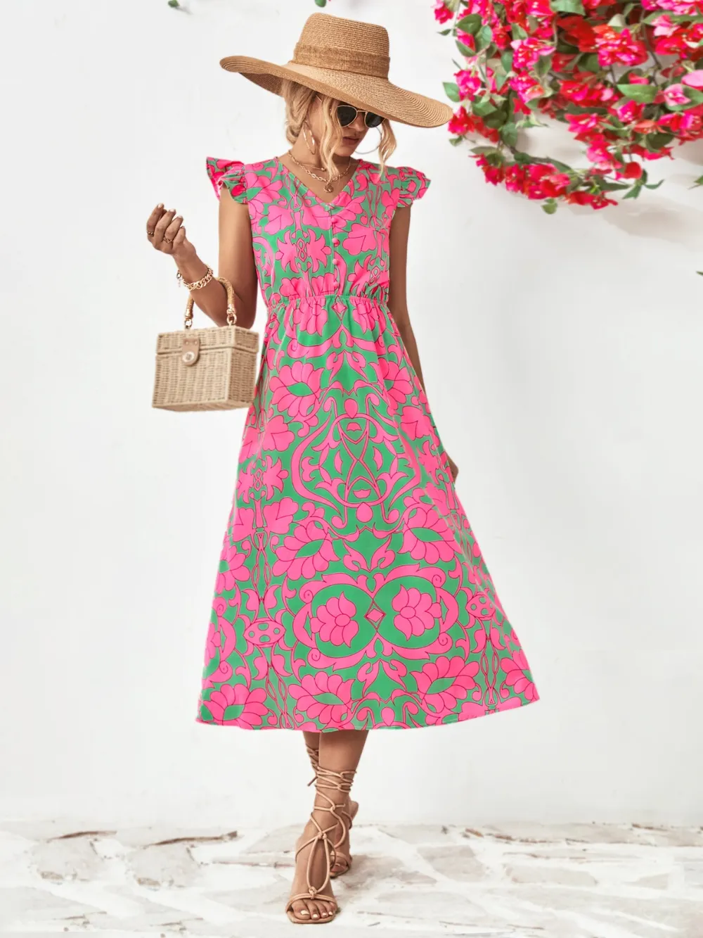 Printed V-Neck Cap Sleeve Dress - Green