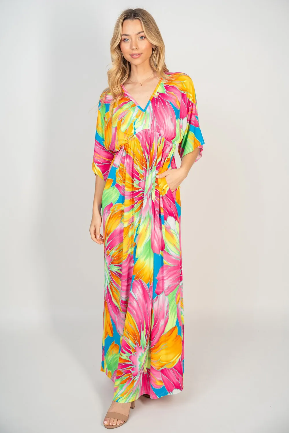 Printed V-Neck Maxi Dress with Pockets - Multi