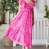 Printed V-Neck Ruffle Trim Tiered Midi Dress - Fuchsia
