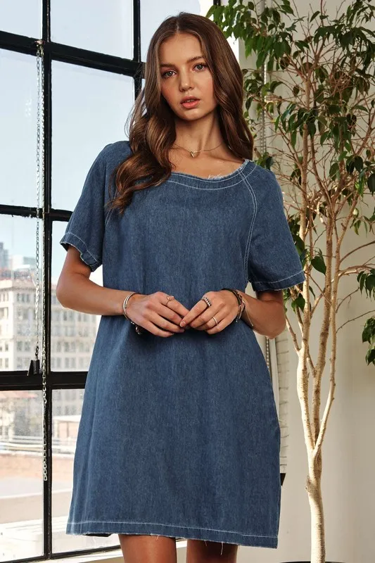 Raw Hem Mini Denim Dress with Pockets - Dark