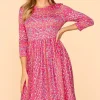 Round Neck Floral Dress with Pockets - Fuchsia