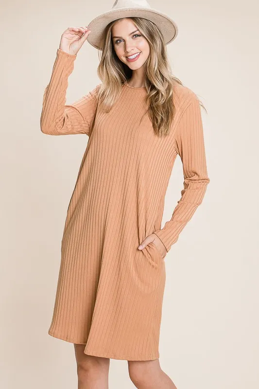 Round Neck Long Sleeve Ribbed Knit Dress - Sherbet