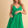 Ruched Plunge Mini Cami Dress - Green