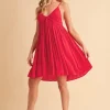 Ruched Plunge Mini Cami Dress - Red