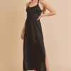 Ruched Side Slit Cutout Back Maxi Cami Dress - Black
