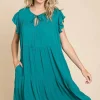 Ruffle Cap Sleeve Tiered Dress - Lotus Green