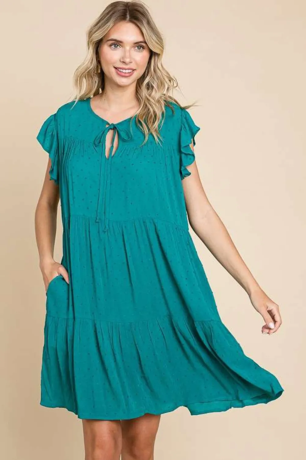 Ruffle Cap Sleeve Tiered Dress - Lotus Green