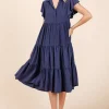 Ruffle Sleeve Collared V Neck Tiered Midi Dress - Dark Navy