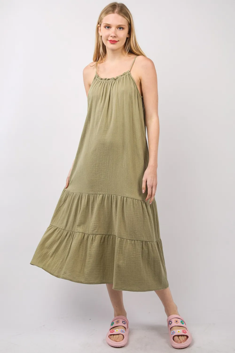 Ruffled-A-Line-Midi-Cami-Dress-Earth Ruffled A-Line Midi Cami Dress - Earth