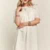 Ruffled Eyelet Round Neck Dress - Natural