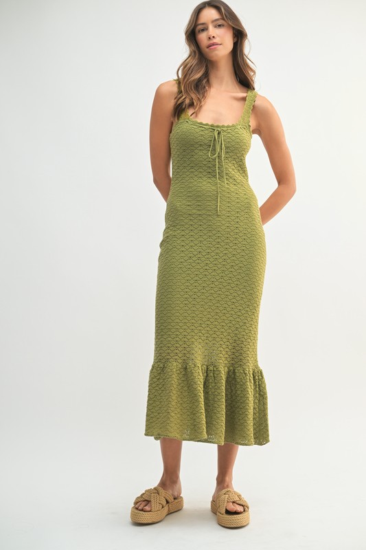 Ruffled Hem Sleeveless Crochet Knit Midi Dress - Dk Kiwi