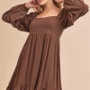 Ruffled Hem Square Neck Balloon Sleeve Mini Dress - Dark Brown
