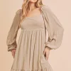 Ruffled Hem Square Neck Balloon Sleeve Mini Dress - Dust Storm