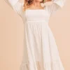 Ruffled Hem Square Neck Balloon Sleeve Mini Dress - White