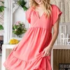 Ruffled Notched Cap Sleeve Dress - Coral