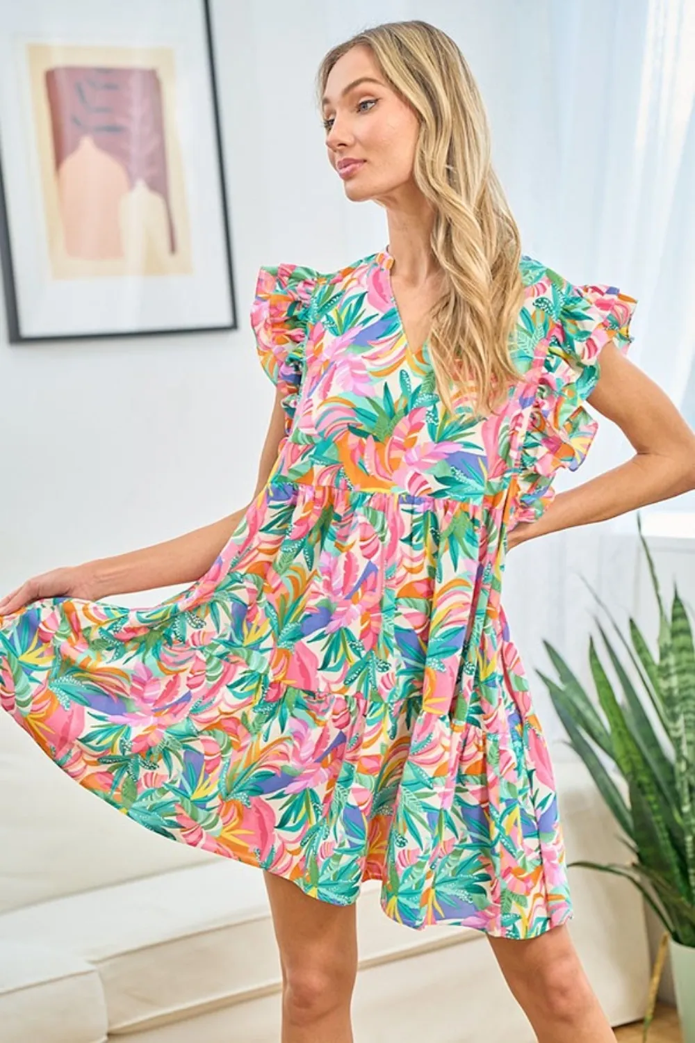 Ruffled-Printed-Notched-Cap-Sleeve-Dress-Multi Ruffled Printed Notched Cap Sleeve Dress - Multi