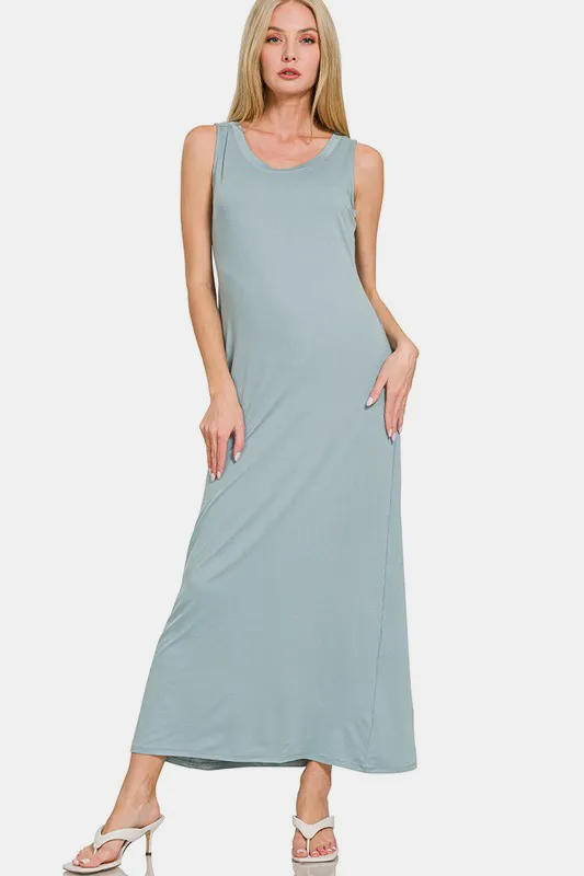 Scoop Neck Wide Strap Tank Dress - Air Force Blue