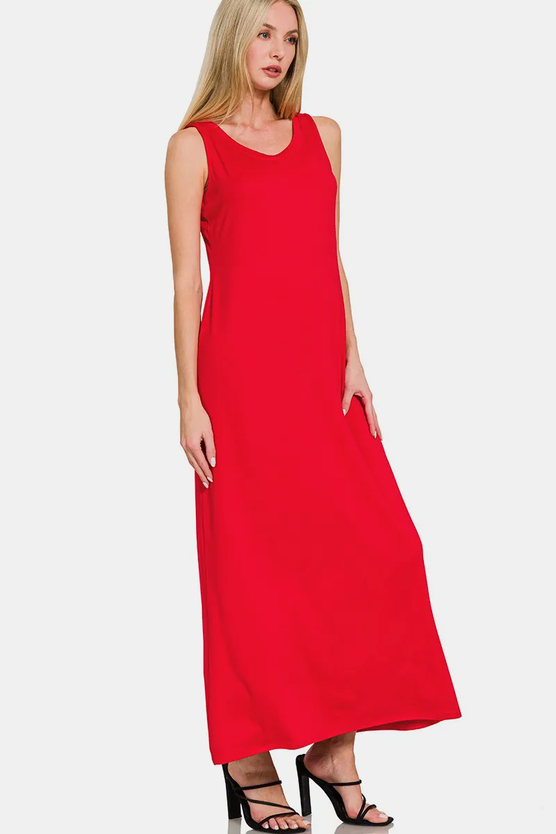 Scoop Neck Wide Strap Tank Dress - Red