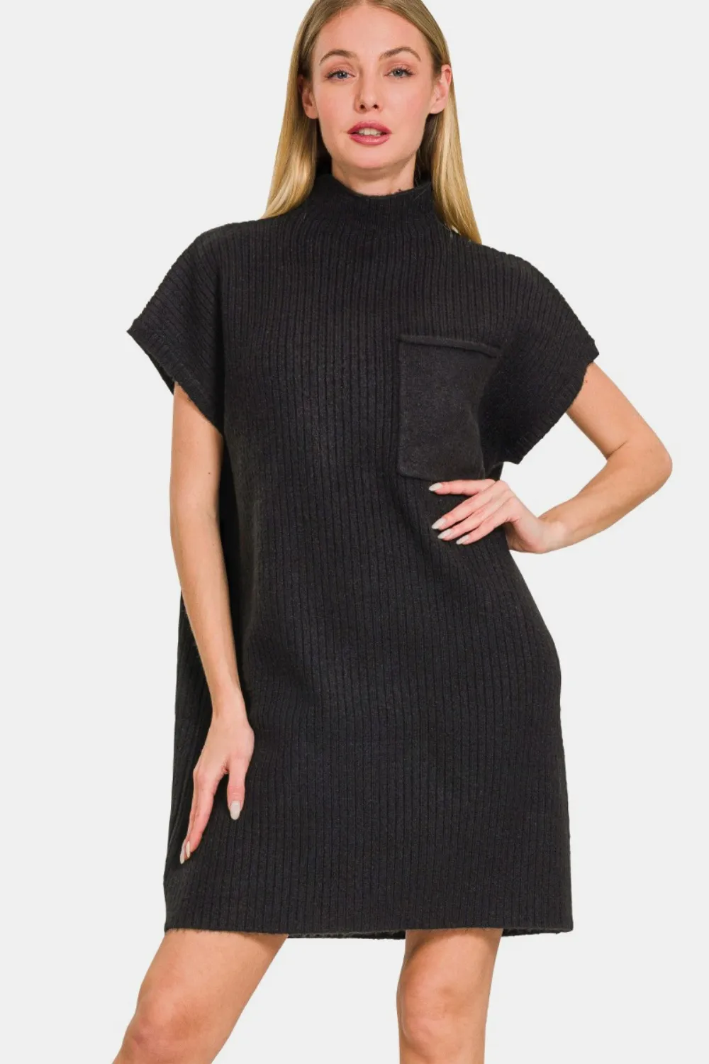 Short Sleeve Sweater Mini Dress - Black